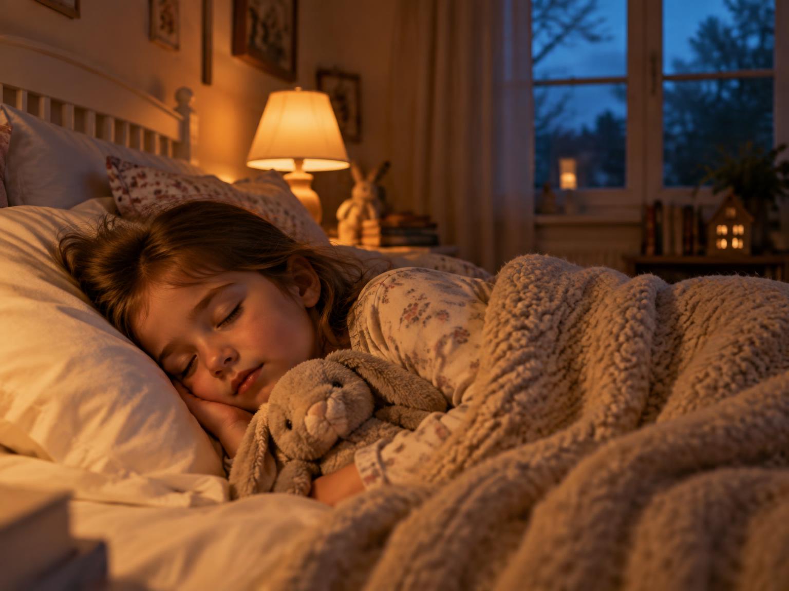 A young child sleeping peacefully in a softly lit bedroom